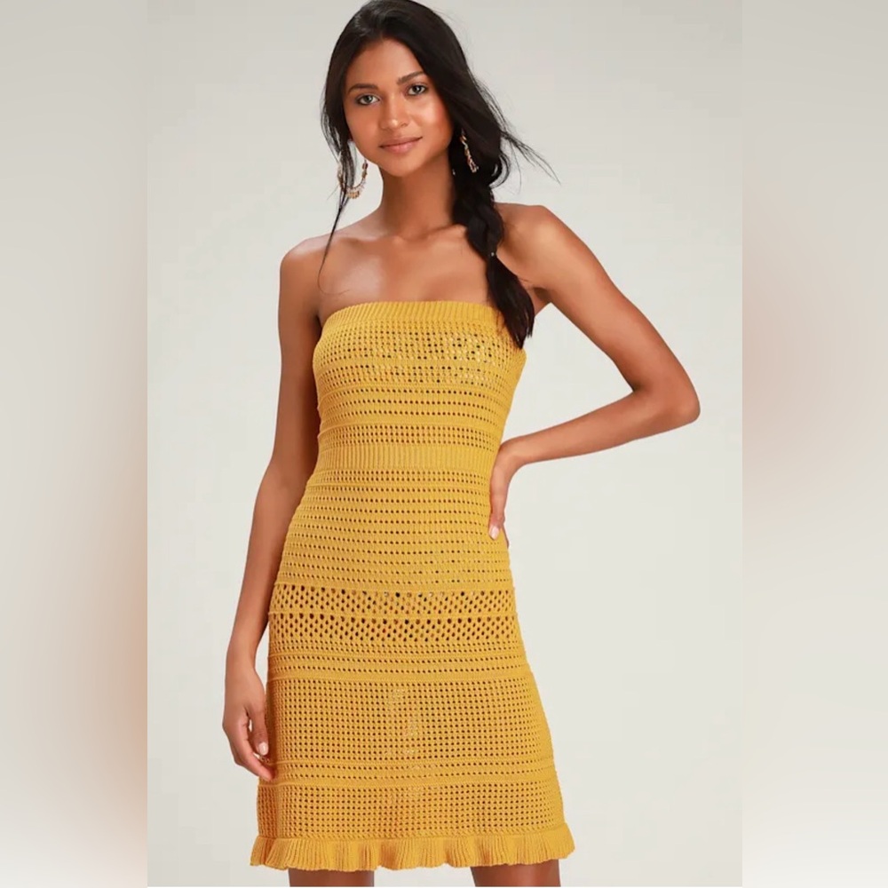 NWT Lulus Adalia Mustard Yellow Crochet Swim Cover-Up